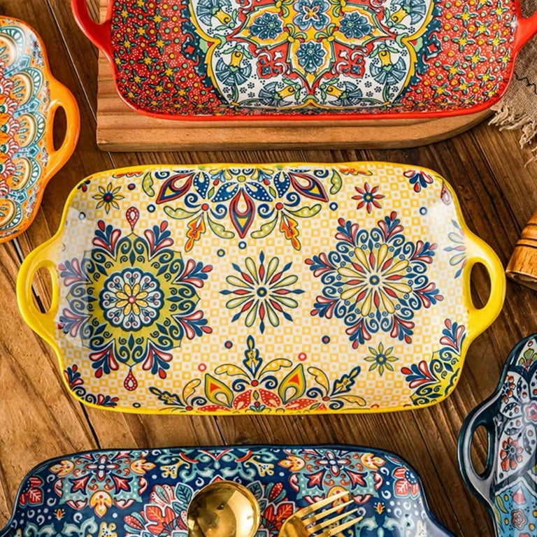 TAUFIKT Boho Style Ceramic Dinner Plate Set of 4 with Handles, Large 12-Inch Dinner Plate