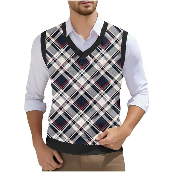 ZCFZJW Mens Argyle Knitwear Vest Plus Size V Neck Sleeveless Lightweight Slim Fit Pullover Knitted Sweater Casual Work Business Tank Tops Navy#04 L
