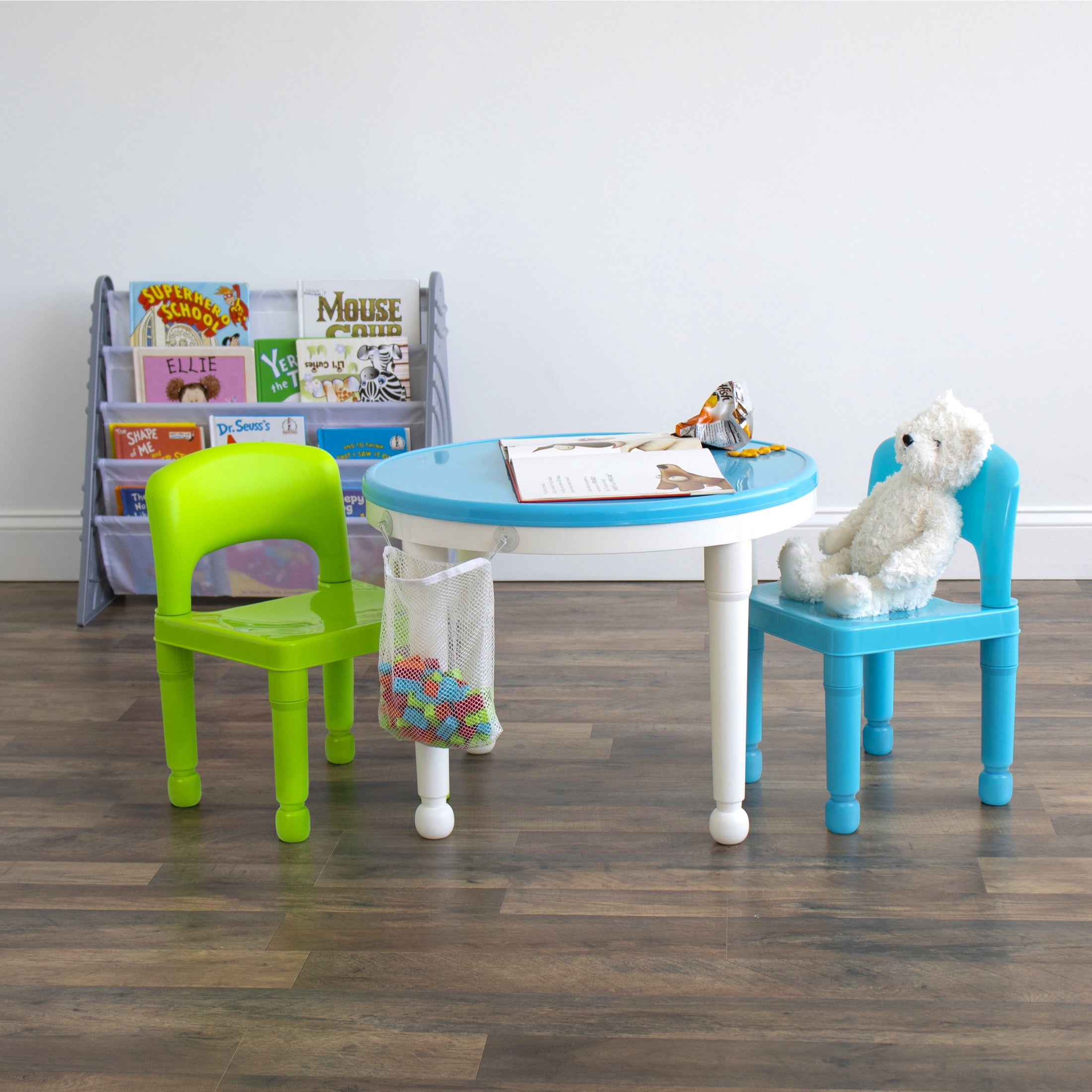 Humble Crew Toddler 2-in-1 Plastic Building Blocks-Compatible Activity Table and 2 Chairs Set, 100 Pc Block Set, Round, White/Green/Blue/Orange/Red