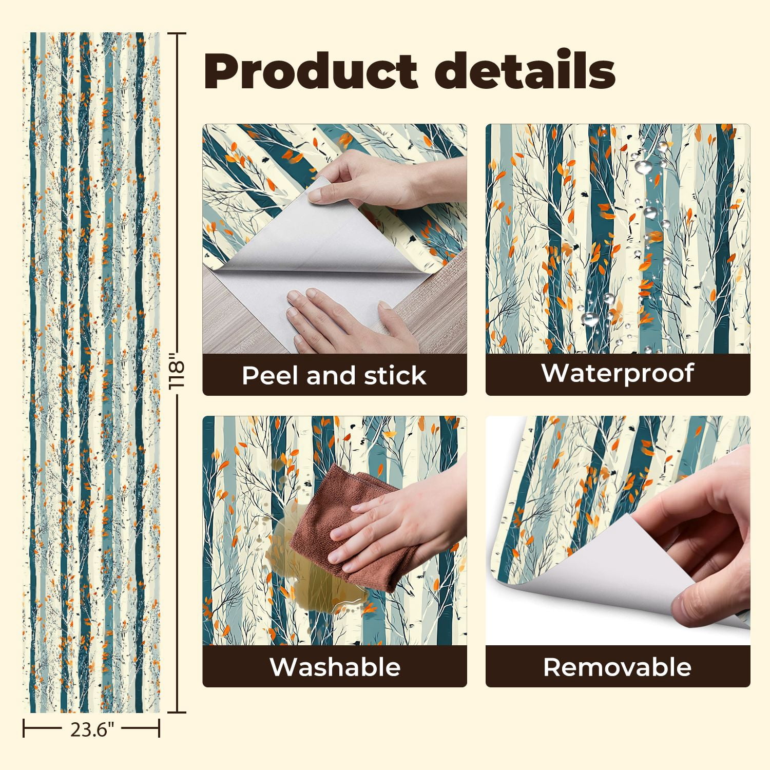 Peel and Stick Wallpaper 23.6in x 9.8ft Abstract Birch Trees Autumn Leaves Cool Blue Rustic Forest Contact Paper Vinyl Waterproof Self Adhesive Wall Paper for Bedroom Shelf Cabinet Renter Friendly