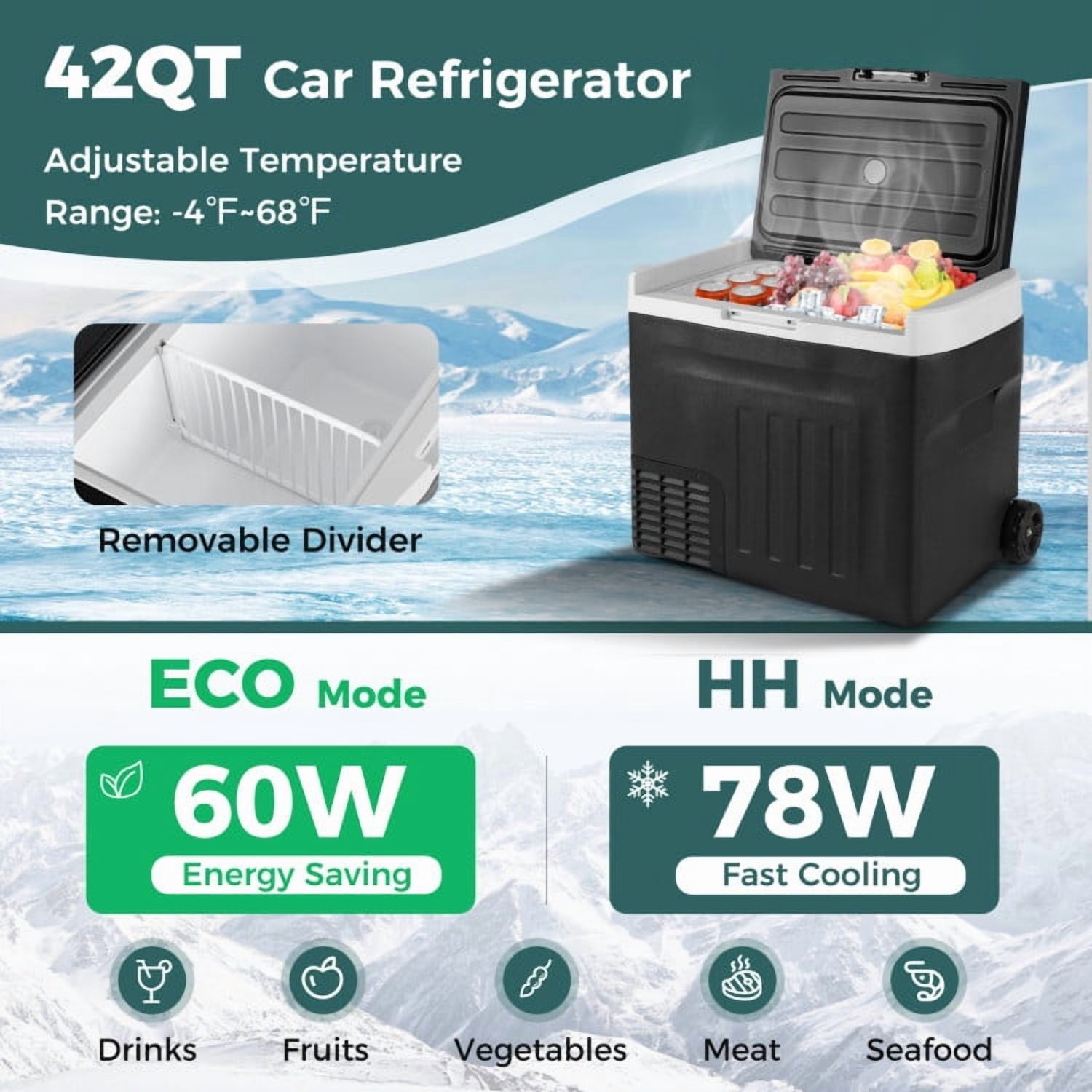 YYAo Cooler Ice Chest, Insulated Cooler,12V Car Refrigerator 42QT with Touch Panel and Removable Divider-L