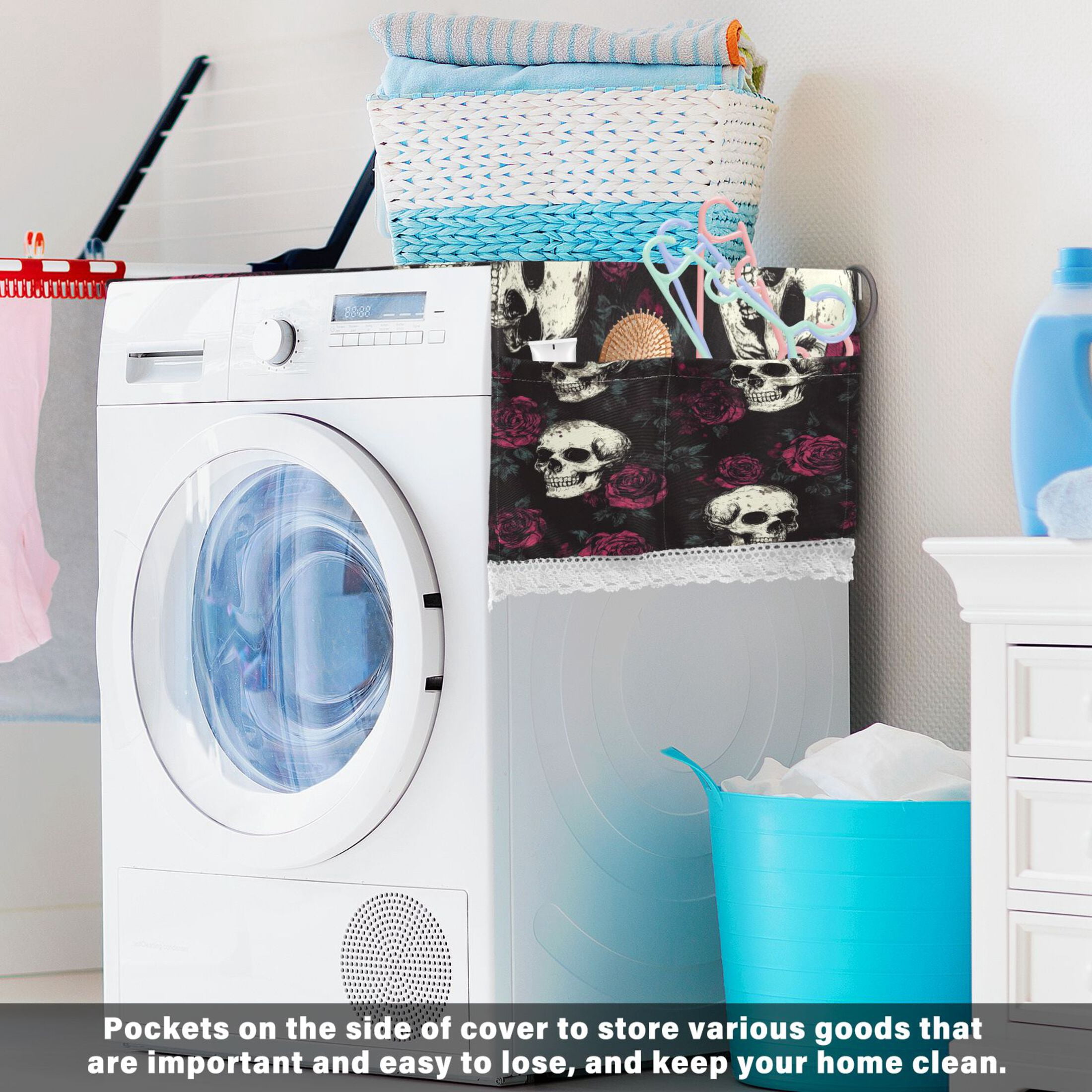 WOBOGO Skull Burgundy Roses Pattern Washing Machine Cloth Dryer Refrigerator Top Cover Protective Non-Slip Mat For Kitchen Laundry