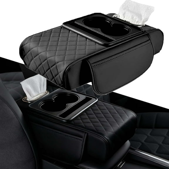Multifunctional PU Leather Car Armrest Box Mat with Central Elbow,1/2pcs 4 in-1 Center Console Cover with 2 Cup Holder,Tissue Slot,Phone Holder and Storage Bag,Universal Fit for Most Vehicles