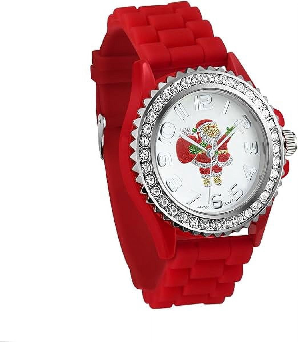 Blekon Christmas Tree Women Watch Crystals Studded Alloy Case Silicone Strap White Dial Santa Claus Analog Watches