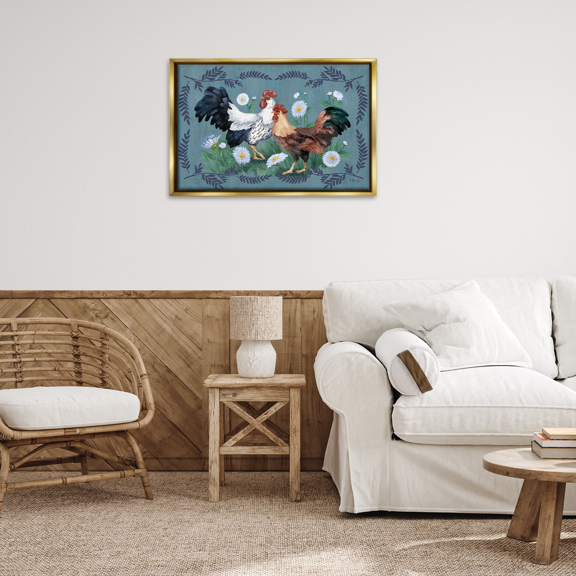 Stupell Industries Roosters with Fern Trim Animals & Insects Painting Gold Floater Framed Canvas Art Print Wall Art, 31 x 21