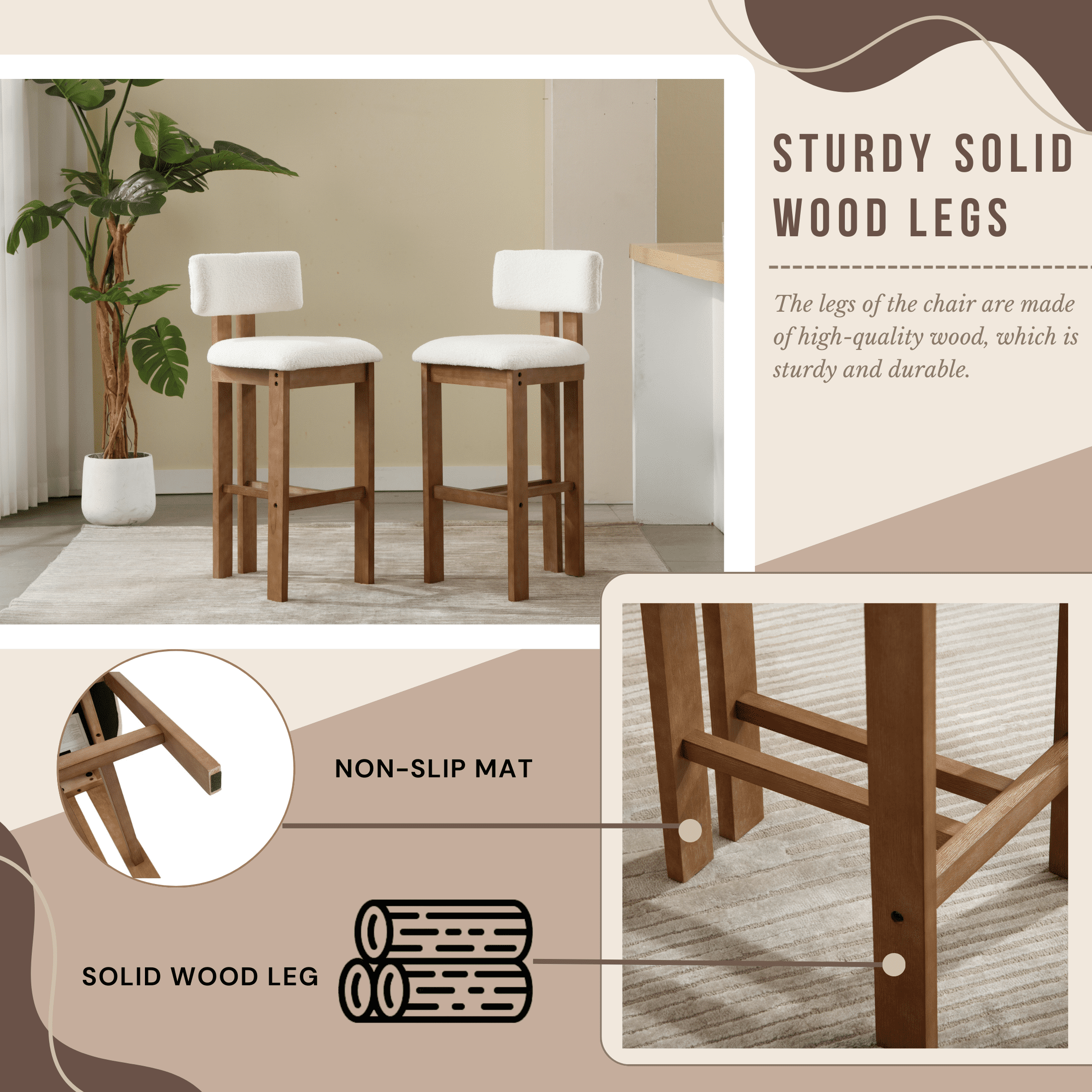 Guyou Modern Bar Stools Set of 2, 26 Inch Counter Height Bar Stools with Curved Backrest, Linen Upholstered Counter Stools, Wooden Kitchen Island Chairs for Kitchen Bar Cafe, Beige