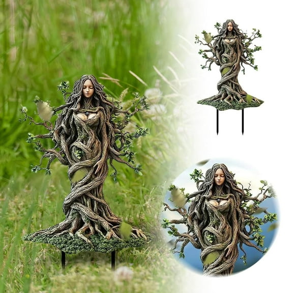 Tree Man Fairy Earth Goddess Statue Whimsical Garden Fairy Stakes, Tree Man Garden Stakes,Acrylic Park Pile Decor, 2D Acrylic Flower Pot Decoration for Yard Lawn Patio, Gift