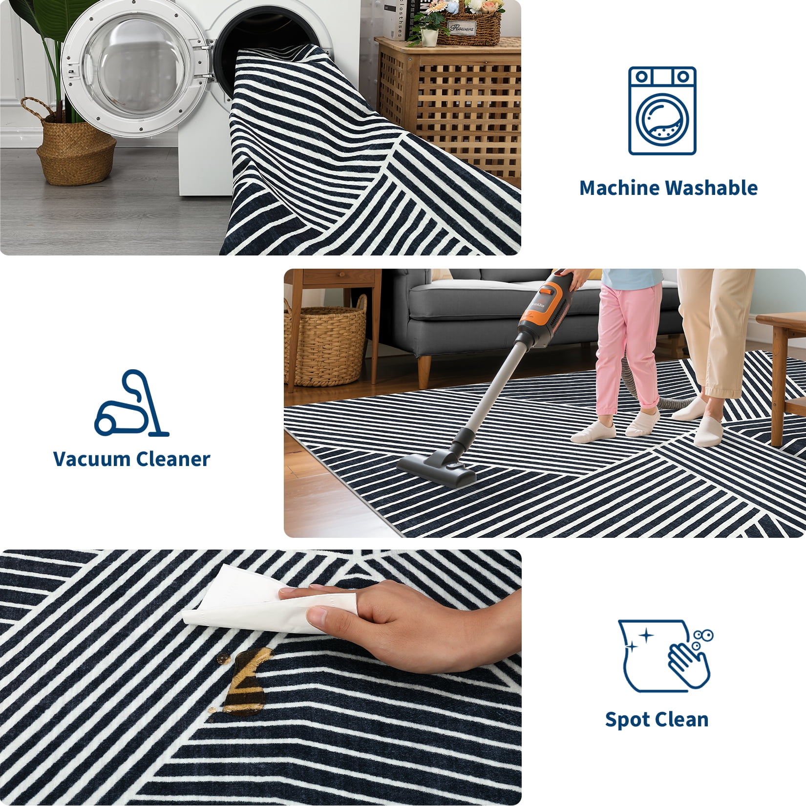 Hasoo 2'x 6' Black/White Runner Rug Modern Strip Indoor Carpet Soft Non Slip Runner for Laundry Bathroom Entryway Bedroom