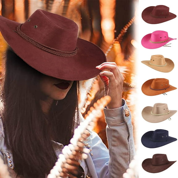 Visland Cowboy Hat, Faux Suede Hats for Men and Women Classic Pinch Front Wide Brim Fedora Western Outback Outdoor Hat,Spring Summer Cool Pure Color Cap for Outdoor
