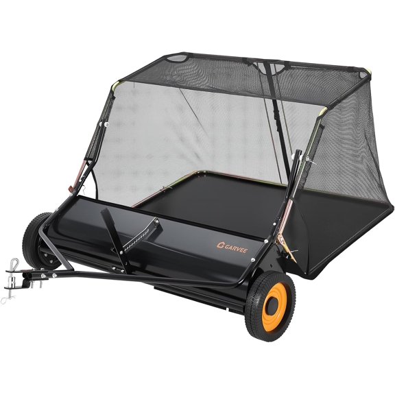 Garvee Tow Behind Lawn Sweeper, 44 Inch Pull Behind Lawn Sweeper, 26 cu. ft Large Hopper Leaf Collector, Heavy Duty Yard Sweeper with Adjustable Brush Height Lever for Yard and Grass Cleanup Tool