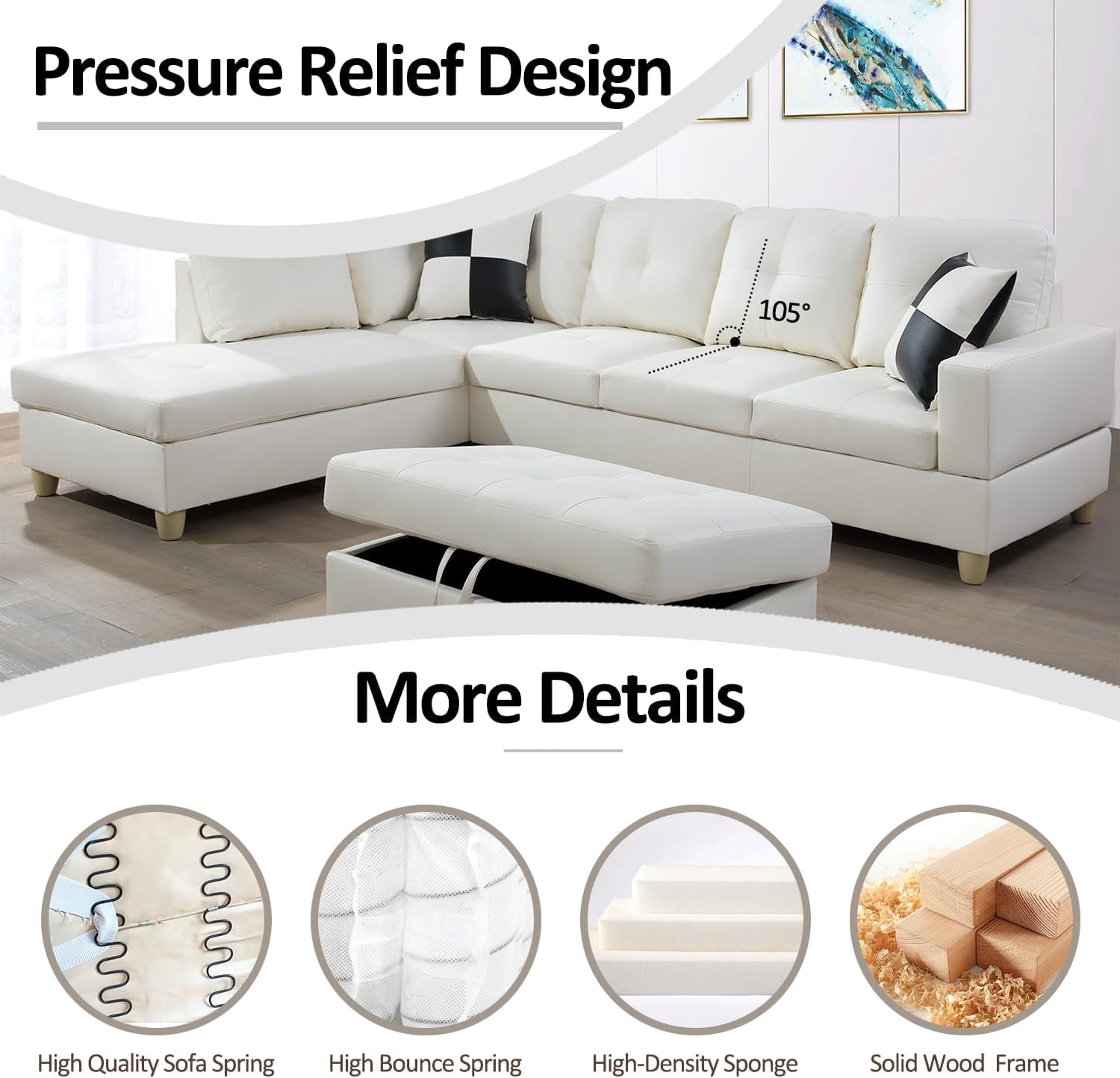 Wzlam Sectional Sofa Modern L Shaped 6 Seat with Storage Ottoman Couch Set, Faux Leather Sofa, White, Right Chaise