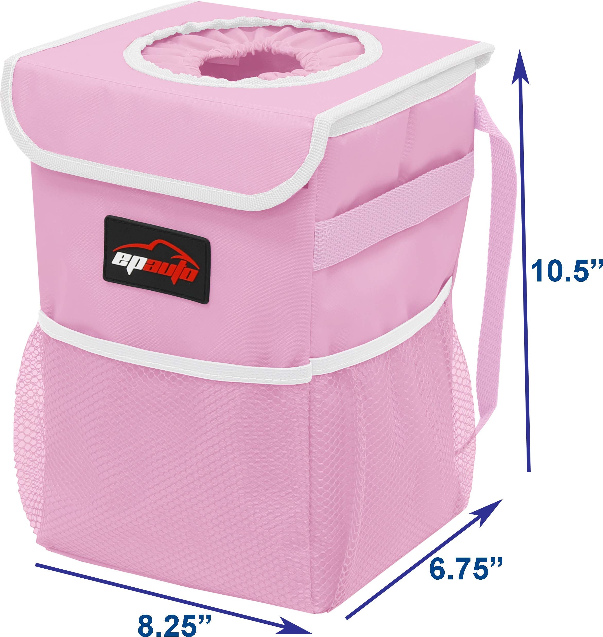 EPAuto Waterproof Car Trash Can with Lid and Storage Pockets, Pink 