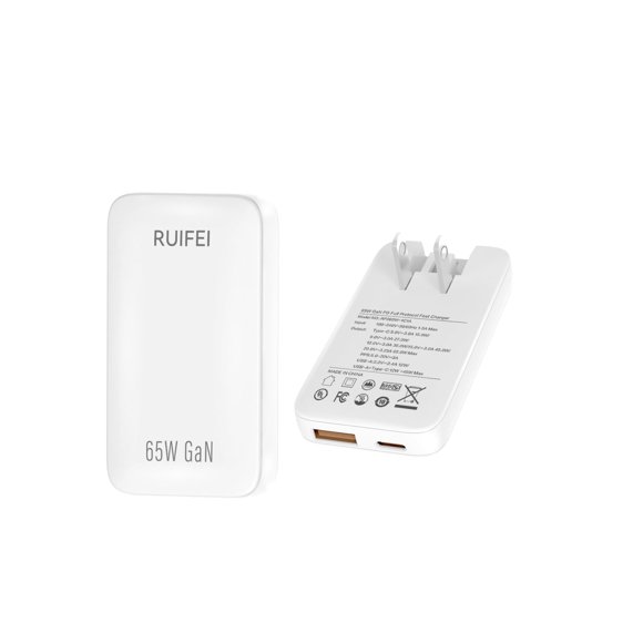 Cargador RUIFEI USB C plano de 65 W con doble conector USB C plegable
