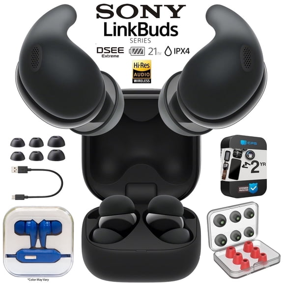Sony WFLS910N/B LinkBuds Fit Truly Wireless Noise Canceling Earbud Headphones, Black Bundle with 2 YR CPS Extended Warranty, Mizco Travelocity In-Ear Headphone & 6 Pairs of In-Ear Earbud Tips