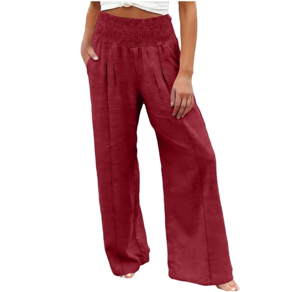 Women Linen Palazzo Pants Summer Boho Wide Leg High Waist Casual Pants Beach Travel Vacation Outfits with Pockets