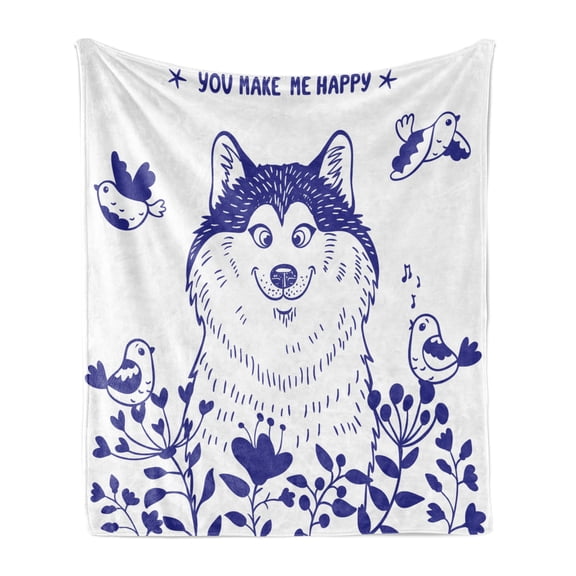 Alaskan Malamute Soft Flannel Fleece Throw Blanket, Happy Doggy in Blossoming Spring Field with Singing Birds and Flowers, Cozy Plush for Indoor and Outdoor Use, 60" x 80", Blue White, by Ambesonne
