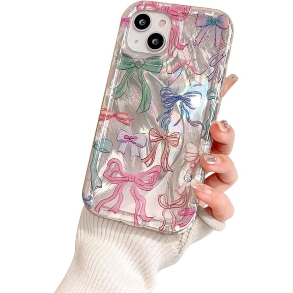 Compatible for iPhone 13/iPhone 14 Case Cute Color Bowknot Slim Glitter PC Back Aesthetic Design Women Teen Girls Shockproof Protection Phone Cases Cover-Color