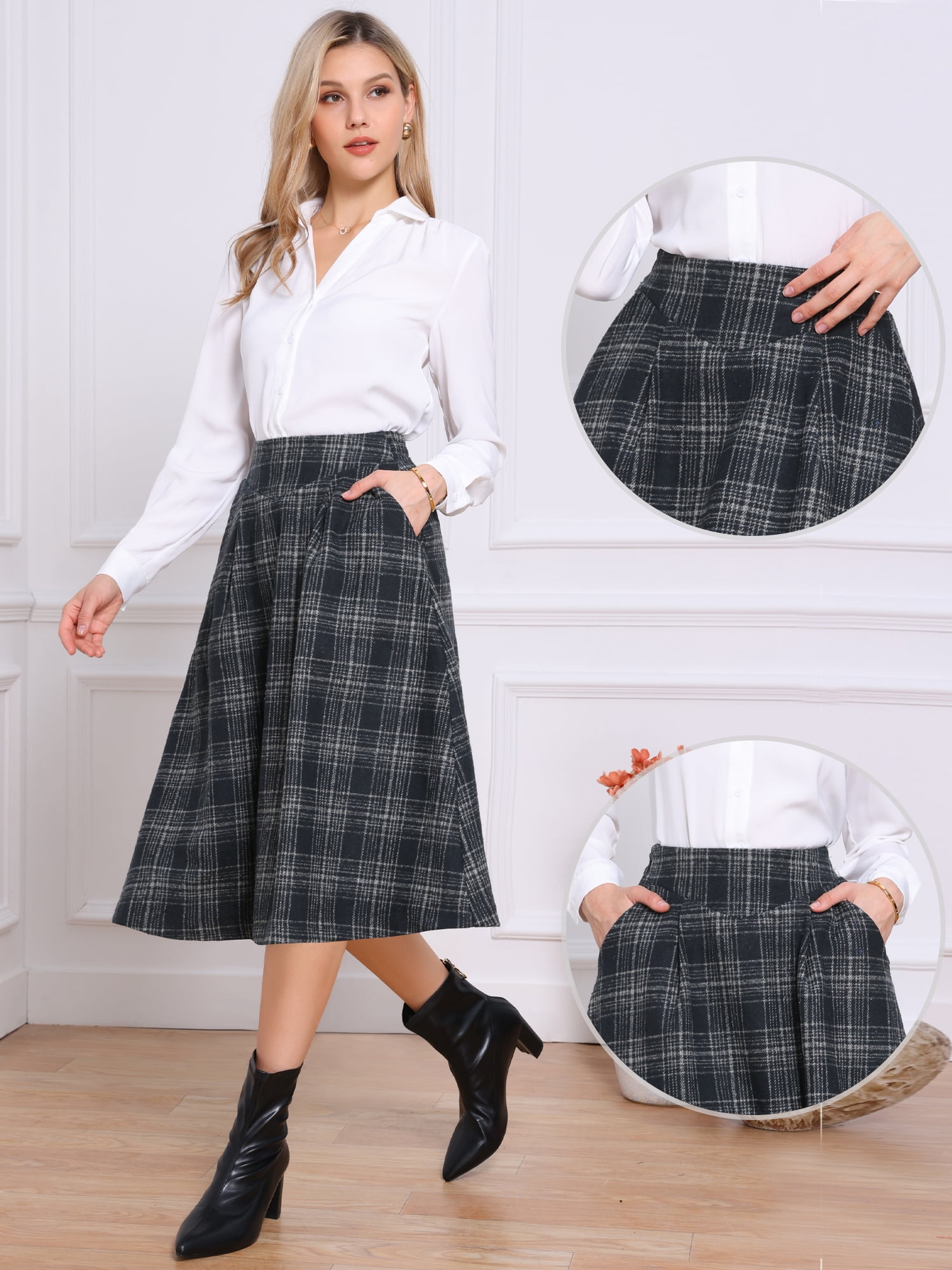 DARING DIVA Women's Midi A-Line Pleated Skirts with Pockets XS Dark Blue