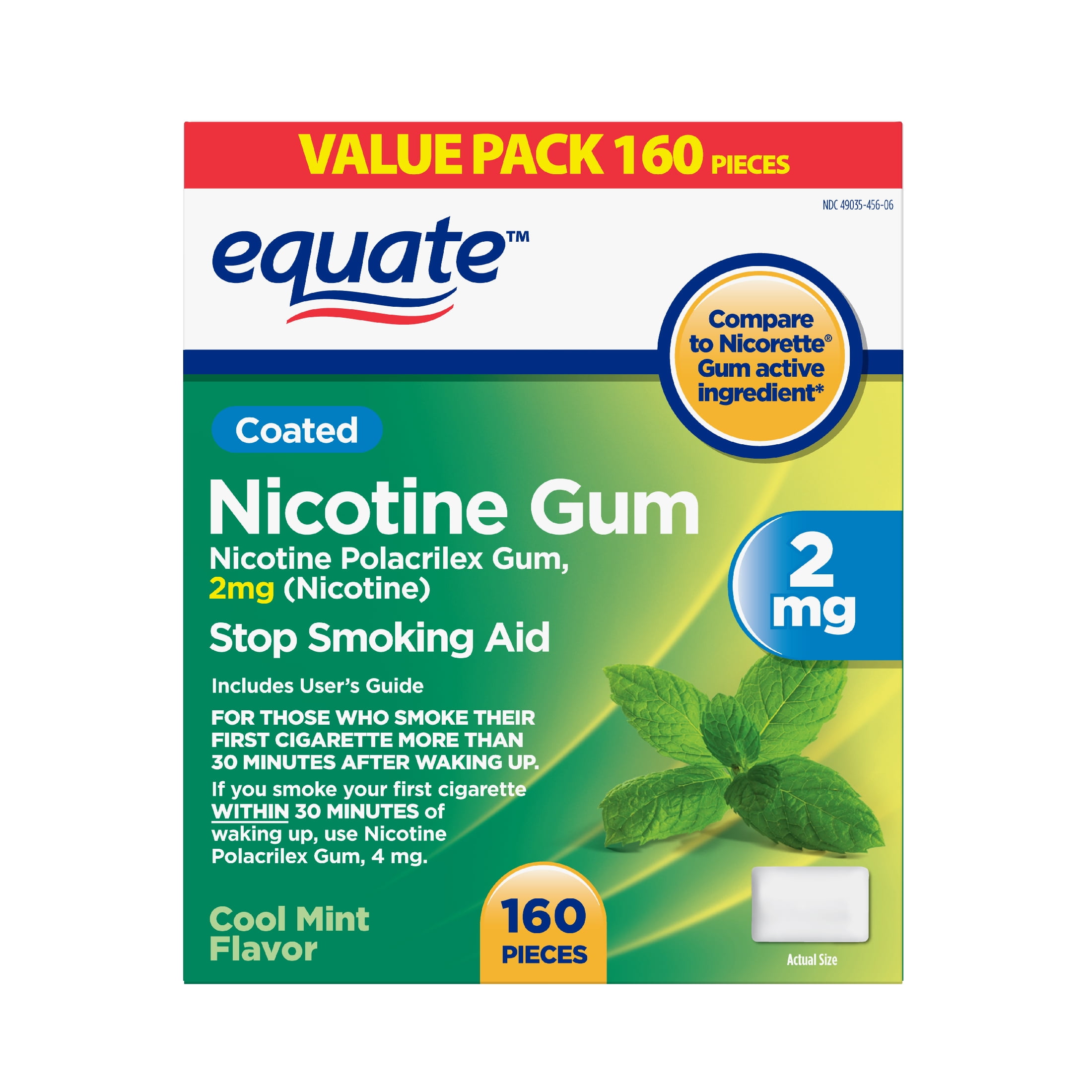 Equate Coated Nicotine Polacrilex Gum 2 mg, Mint Flavor, Stop Smoking Aid, 160 Count