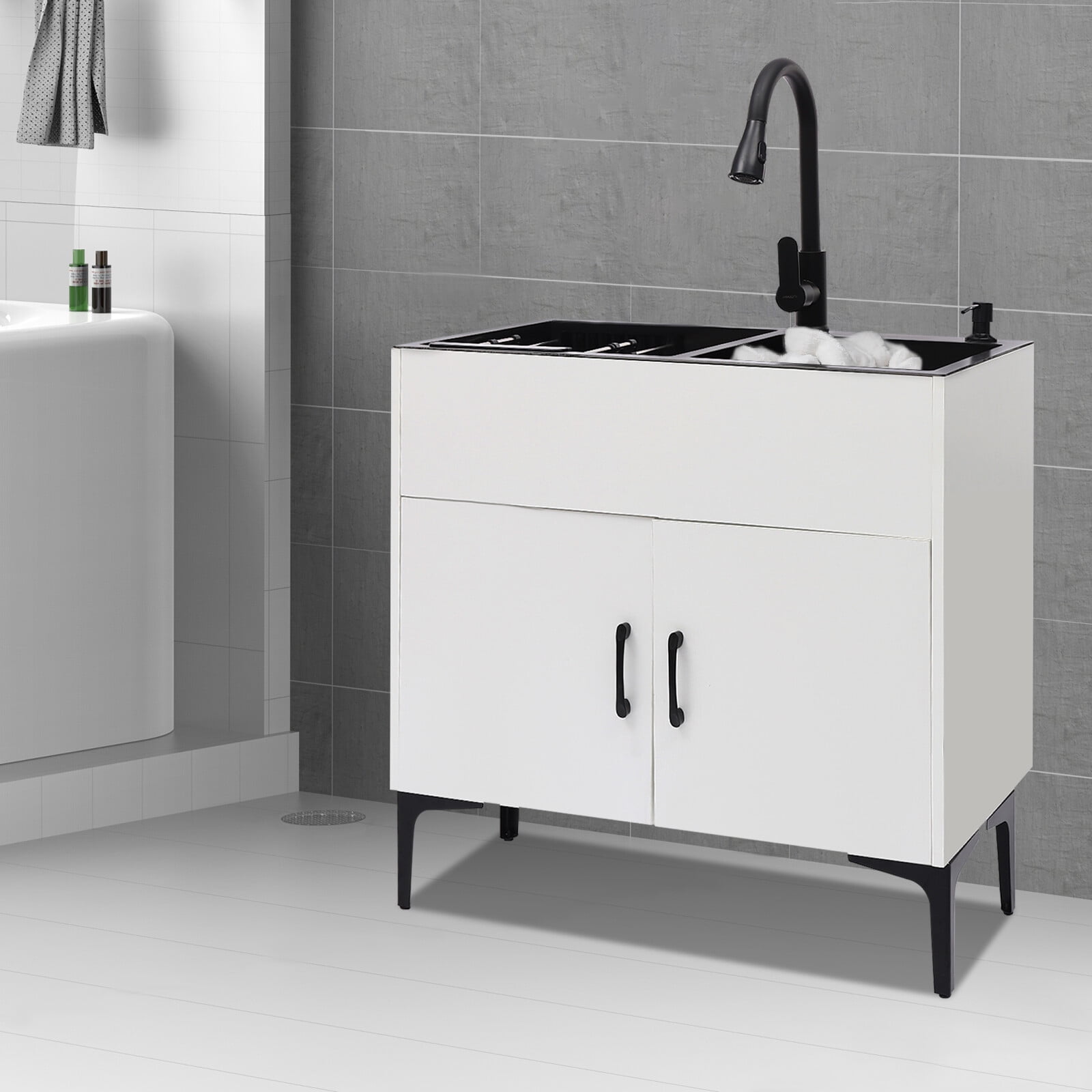 Pull-Out Sprayer Faucet Utility Sink & Stainless Steel Laundry Sink with Cabinet