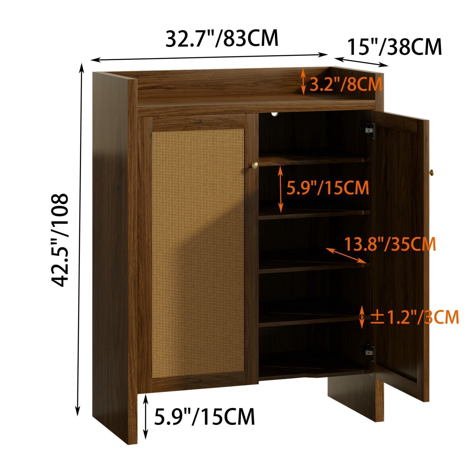 42.5" Tall Rattan Shoe Cabinet with Doors, 6-Tier Wooden Shoe Storage Organizer with Adjustable Shelves for Entryway Hallway, Walnut