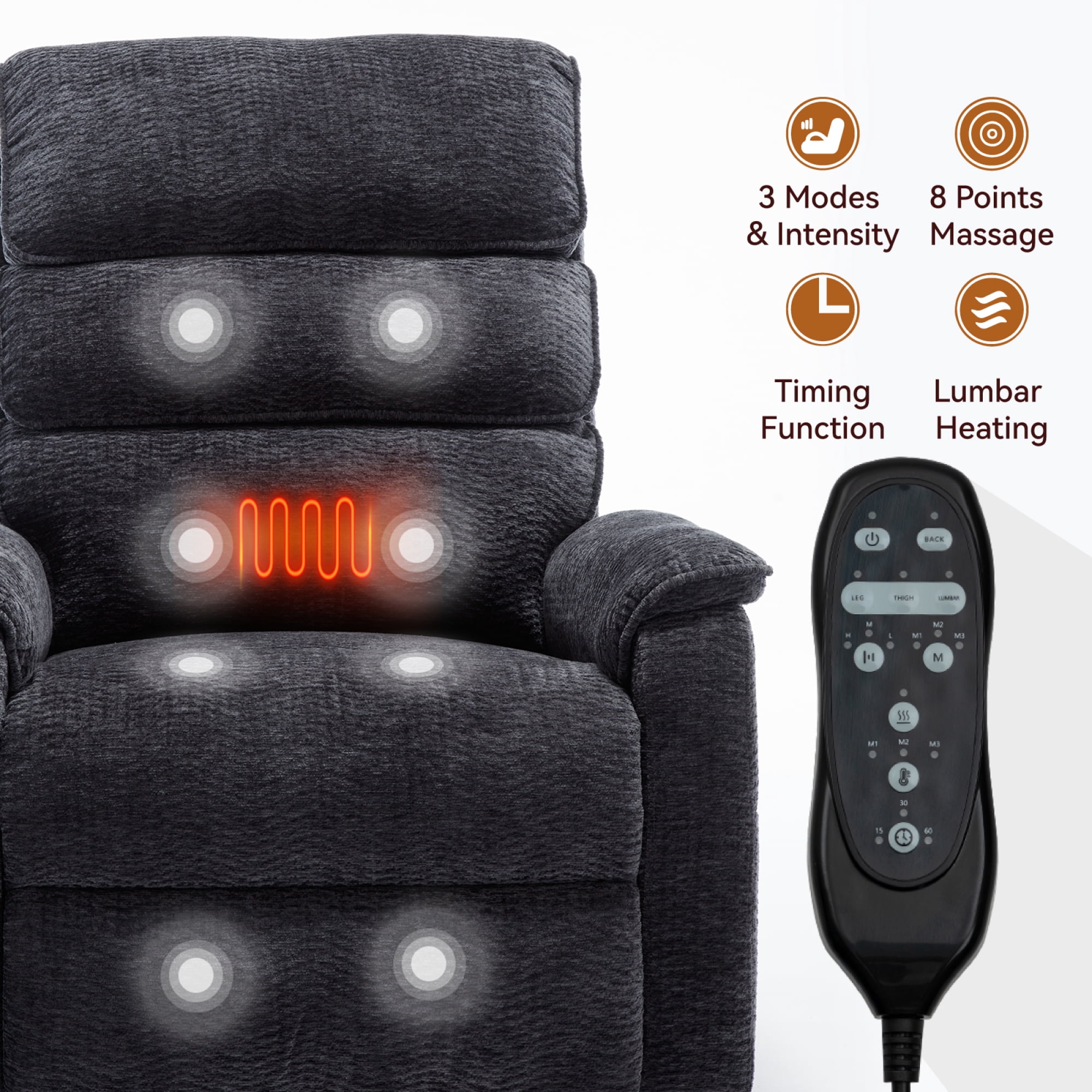 Power Lift Recliner Chair for Elderly, Large Chenille Recliner Chair with Massage and Heat, Overstuffed Wide Recliners with Power-Remote, Up to 350 LBS, Grey