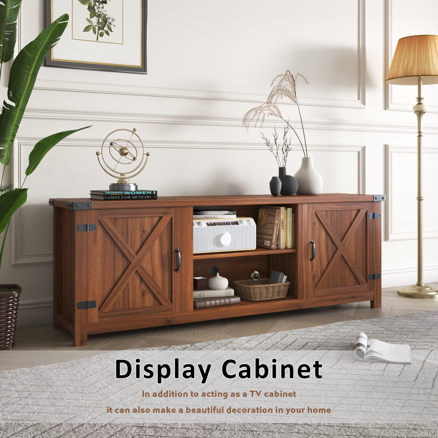 Vineego Farmhouse Barn Two-Door Tv Stand for TVs up to 65", Rustic Brown