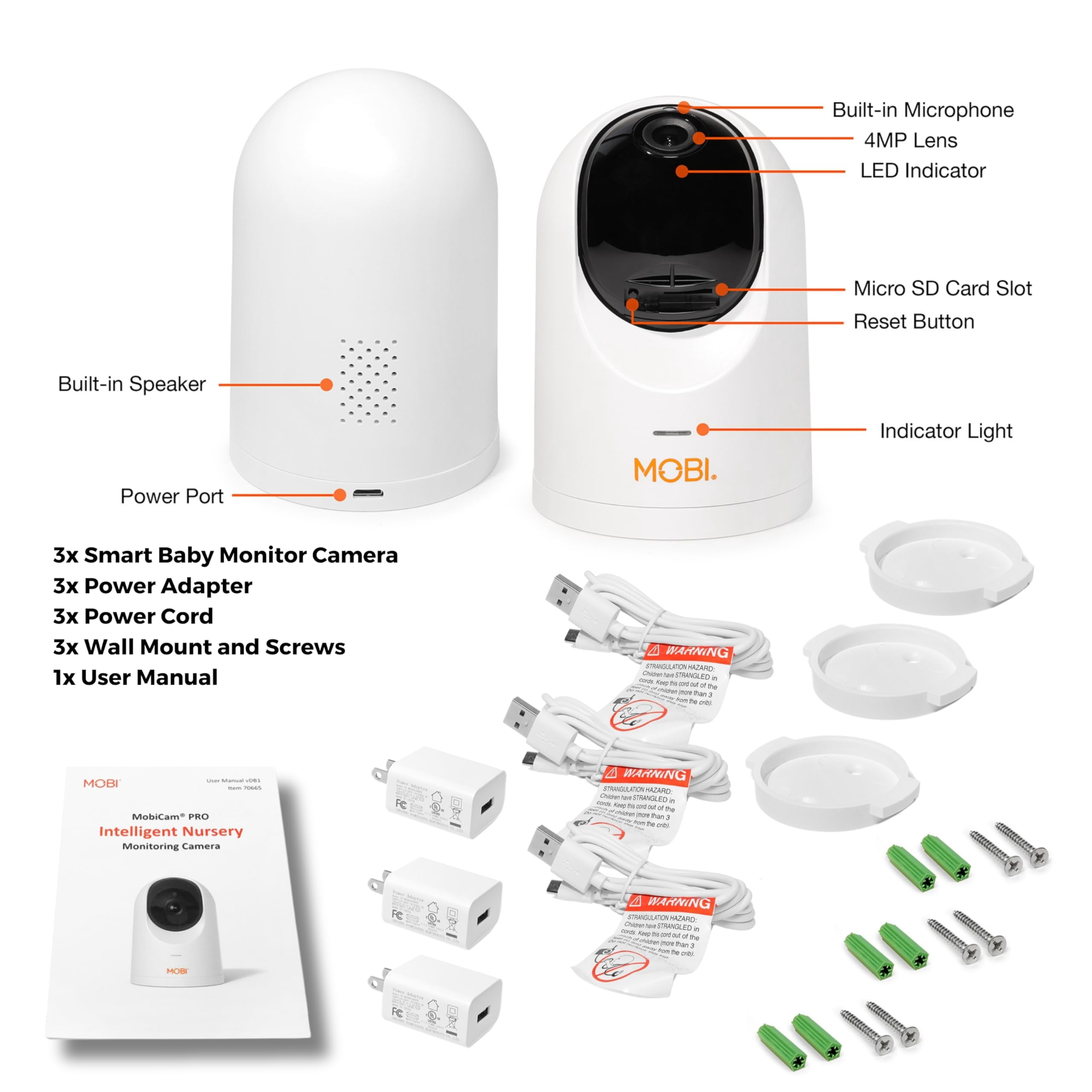 MobiCam PRO Intelligent Home Monitoring Camera (3-Pack): Full HD, Pan & Tilt, Color Night Vision, Motion Tracking, Temp & Humidity Readings. Supports Cloud & SD Storage, Smart App Compatible