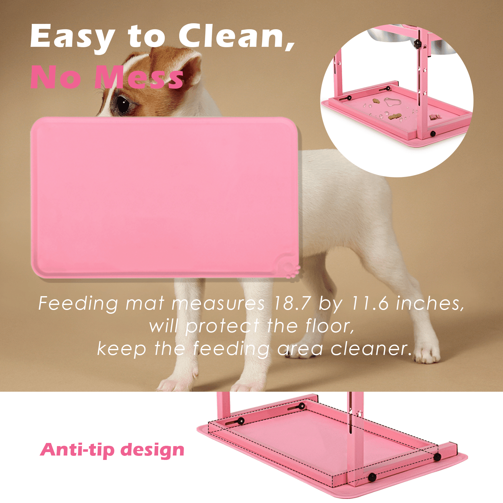 SHAINFUN Pink Raised Dog Bowl Stand with Two 1700ml Stainless Steel Food Bowl, a Slow Dog Bowls and Mat, , Height Adjustable from 4.5in to 12in