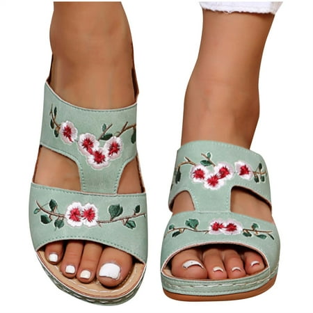 

SHENGXINY Summer Women Wedge Sandals Premium Orthopedic Open Toe Slipper Vintage Anti-slip Leather Casual Female Platform Embroidered Shoes