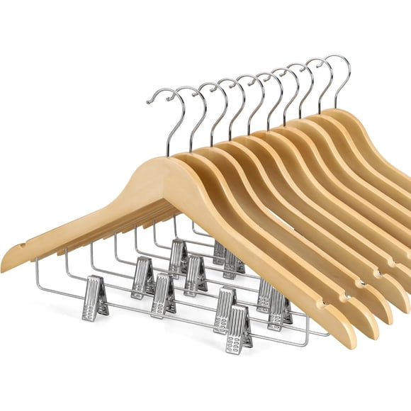 Wooden Hangers with Adjustable Metal Clips and 360° Swivel Hook, Premium Wood Clothes Hangers 10 Pack for Suit, Pant, Skirt, Jeans, Coat, Jacket-CT28N