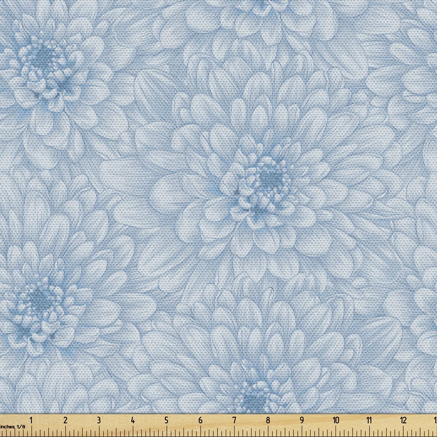 Dahlia Flower Fabric by The Yard, Retro Style Monochrome Pastel Water