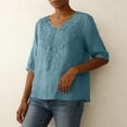 thumbnail image 4 of Linen Tops for Women Embroidered 3/4 Sleeve Bohemian Peasant Shirts V Neck Boho Spring 2026 Gauze Cotton Blouse Tunic, 4 of 6