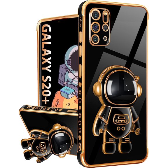 For Galaxy S20 Plus Case, Cute Heart Pattern 6D Gold Plating Astronaut Hidden Stand Cases for Samsung Galaxy S20 Plus Case 6.7 Inch Black