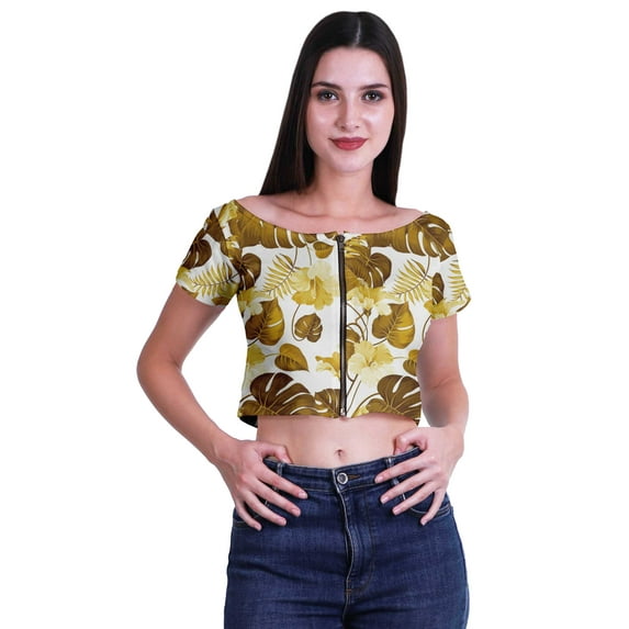 Moomaya Boat Neck Zipper Top Short Sleeve Viscose Jersey Crop Tops For Women