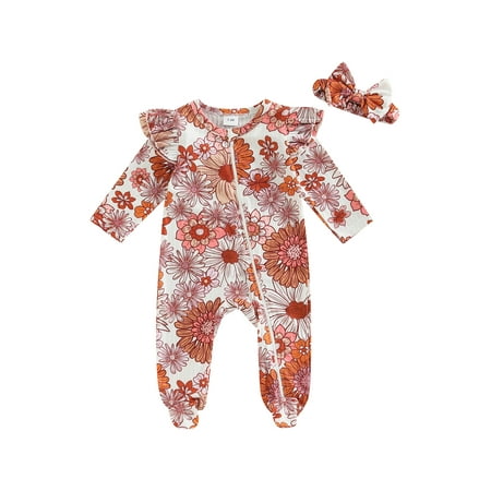

Bagilaanoe Newborn Baby Girl Jumpsuit Floral Print Long Sleeve Ruffled Bodysuit + Headband 3M 6M Infant Zipper Footed One Piece Romper