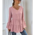 thumbnail image 3 of Jersey Liso Cuello En V Tipo Suelto Dobladillo Lindo Mangas Largas Cómodo Top De Mujer Para Otoño Rosa L, 3 of 8