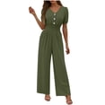 thumbnail image 3 of V-Neck Wide Leg Jumpsuit Pants, Women's Workwear Short Sleeve Romper, Solid Color Casual Button Front Jumpsuit, Business Casual Office Wear, Professional Style Gifts for Women, 3 of 9