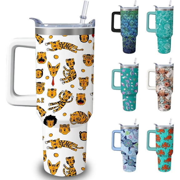 40oz Cute Tiger Tumbler with Handle and Straw, Animal Lovers Gifts for Women Men, Stainless Steel Travel Mug Water Bottle, Vacuum Insulated Cup with Lid