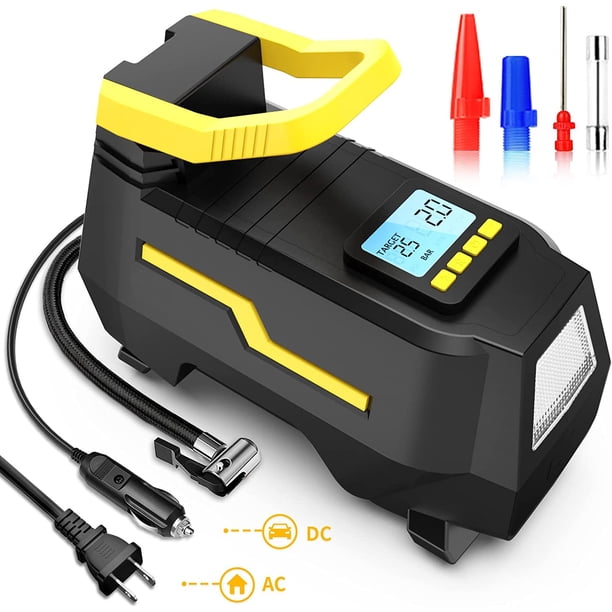 Compresor de aire portátil eléctrico 150PSI, bomba de aire digital, mini bomba de bicicleta DC 12V y AC 220V con luz LED y pantalla LCD para automóviles, bicicletas, motocicletas, balones, etc. Negro TUNC Sencillez