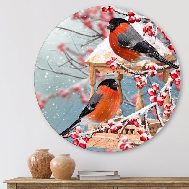 Designart - Two Tits Sit On A Snow-Covered Branch - Traditional Metal Circle Wall Art