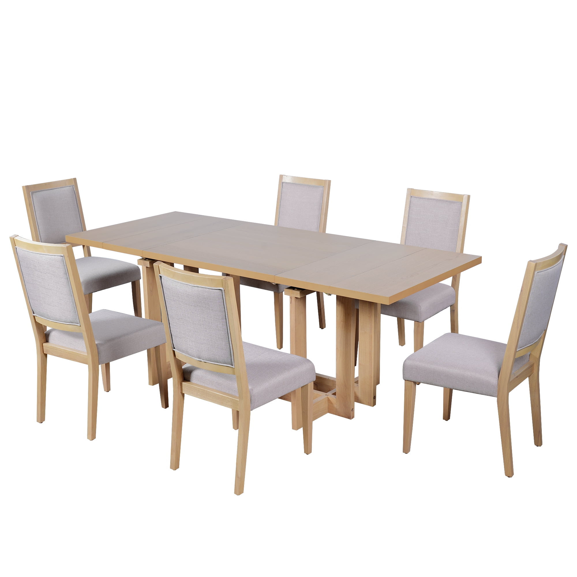 Euroco 7-Piece Extendable Dining Table Set for 6, 82" Large Kitchen Table with 6 Upholstered Dining Chairs and 2 Removable Leaves for Kitchen Dining Room,Natural+Beige