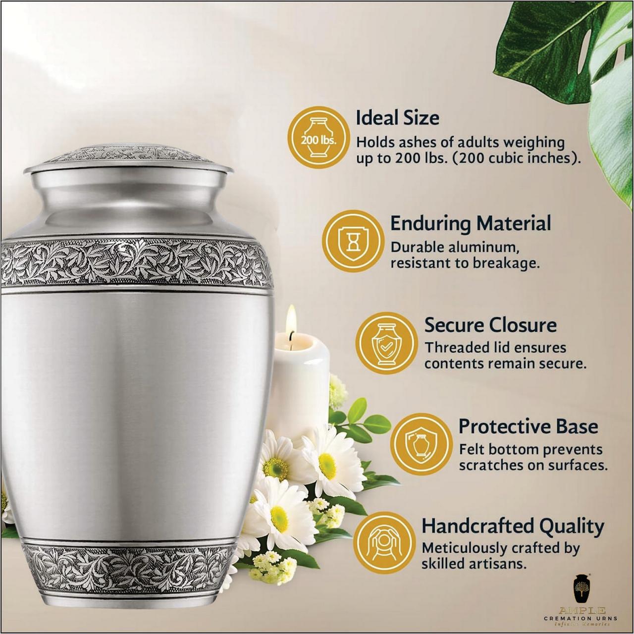 Ample Cremation Urns for Ashes - Meena Coated Aluminum Memorial Urns | Elegant Design | 4 Size Options (Keepsake 3x2 inch & Large 10.5x6.5 inch) Engravable Large (Hold 220 Cu) (Model No - ACU011)
