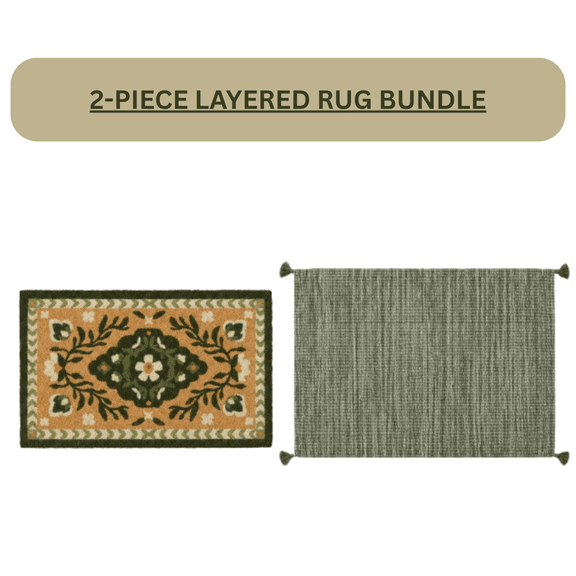 Home Décor Collection 2-Piece Outdoor Entryway Rug Set, Green Heather Tassel Layering Rug 24" x 36" Green Persian Doormat 18" x 30", Porch Door Mat Bundle