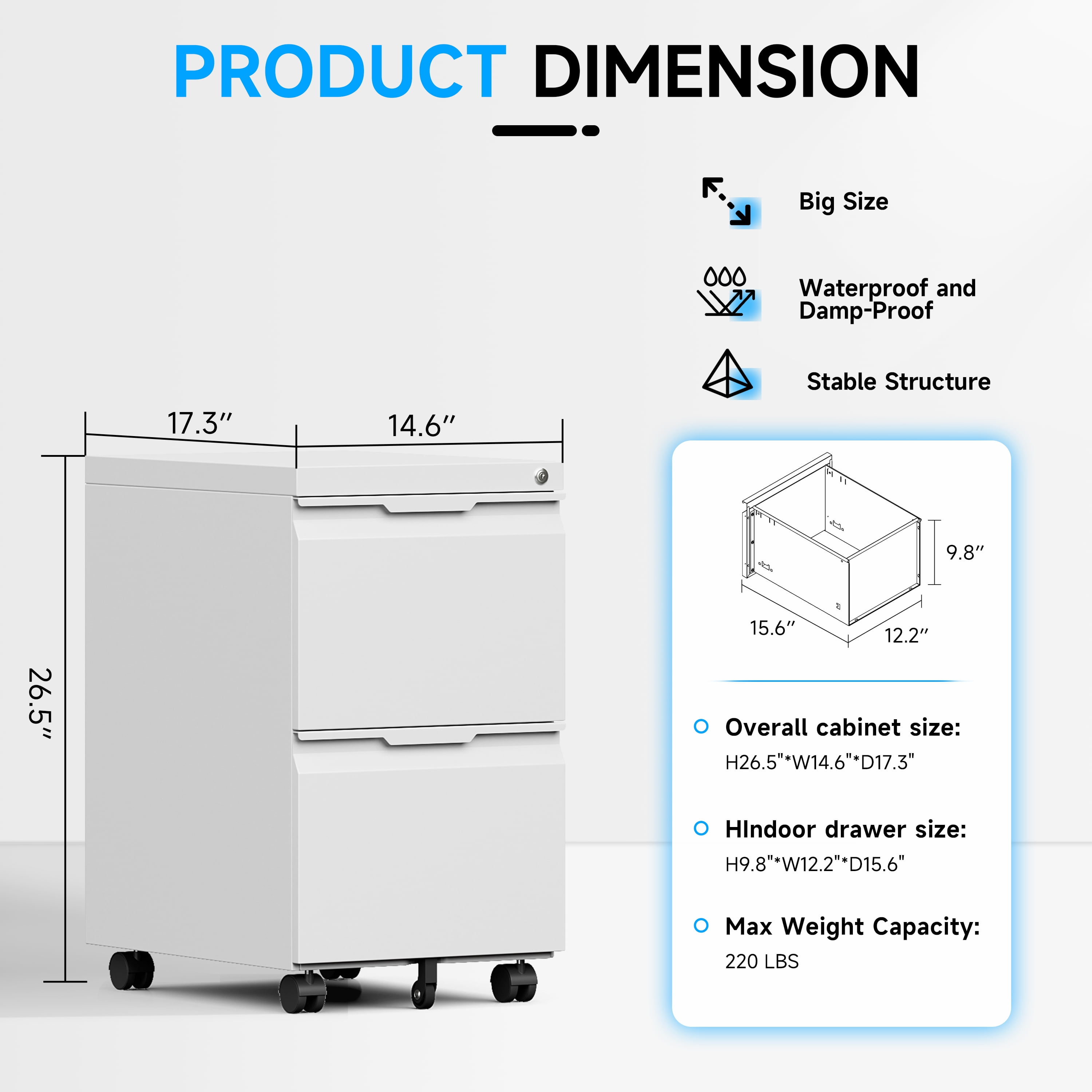 2 Drawer Mobile File Cabinet, File Cabinet on Wheels with Lock for Letter/Legal/A4 File, Metal Rolling File Cabinets for Home Office (White)