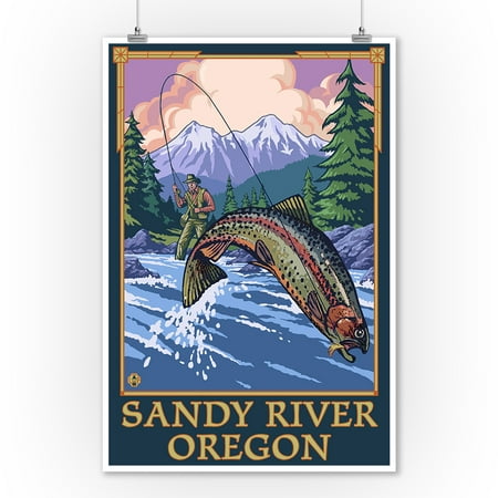 Sandy River, Oregon - Angler Fly Fishing Scene (Leaping Trout) - Lantern Press Artwork (9x12 Art Print, Wall Decor Travel