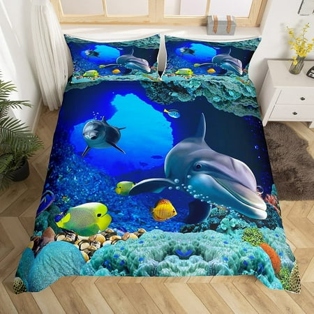 3D Dolphin Comforter Cover Set Queen Size, Coral Sealife Bedding Set ...