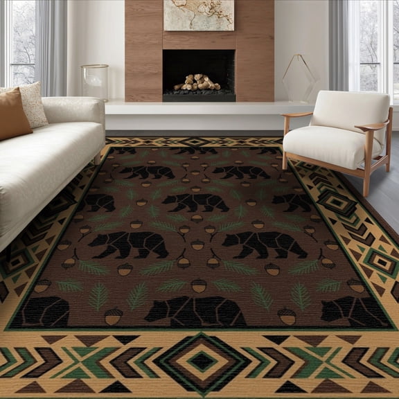 ODIKA 8'x10' Washable Area Rug Border Motif Mens Decorations Reindeer Cabin Cowboy Southwestern Playful for Living Room, Under Sectional, Family , Durable, Non-Slip