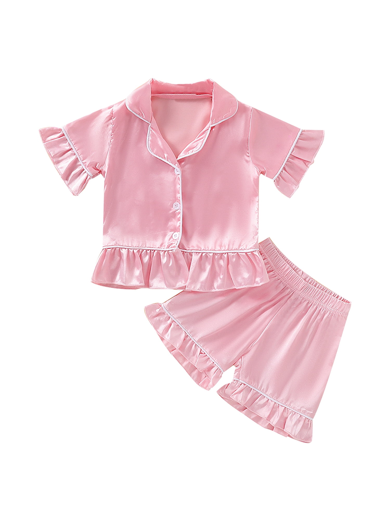 Canrulo Toddler Kids Baby Girl Satin Silk Pajamas Ruffle Short Sleeve