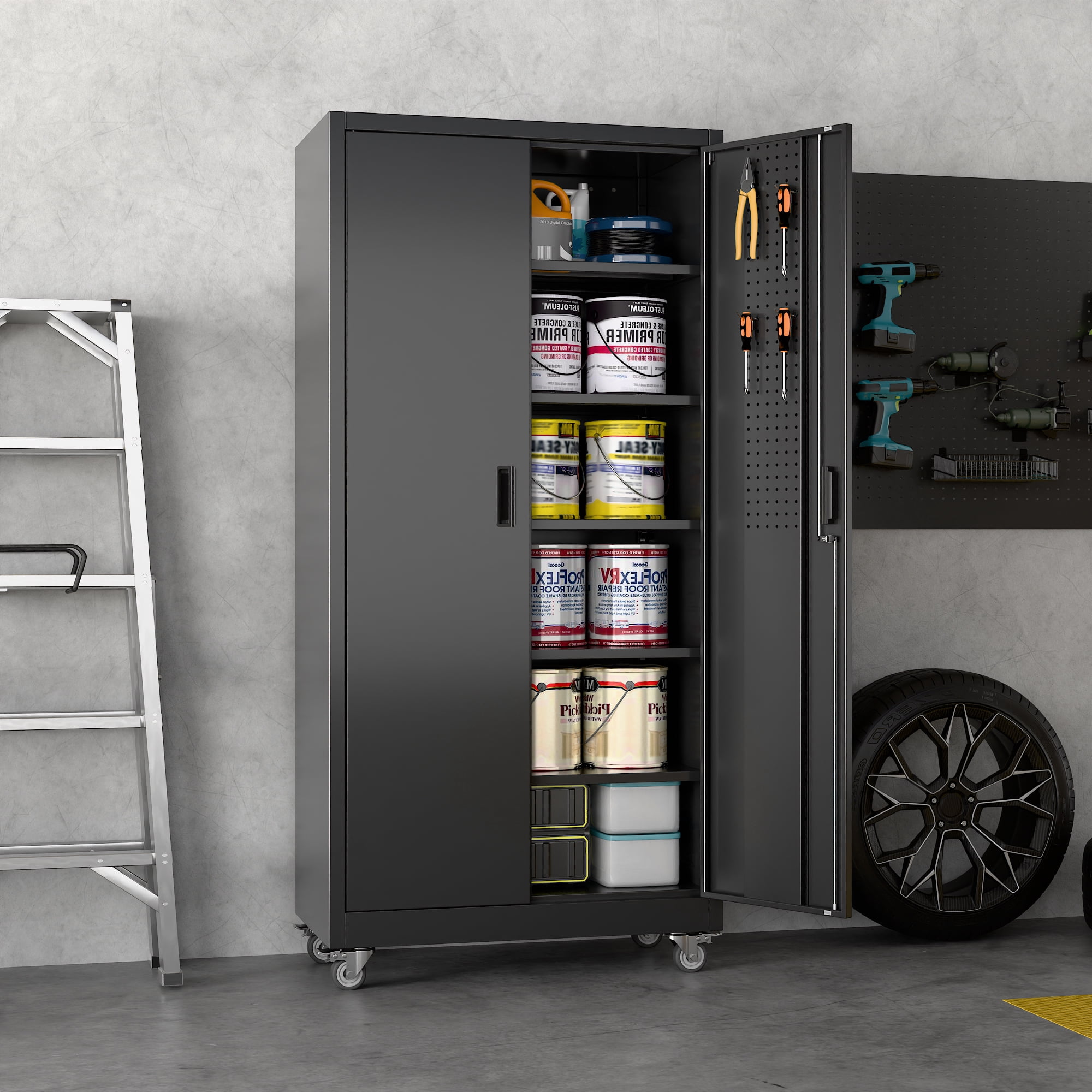 Aobabo Upgraded Wide & Deep Garage Storage Cabinets with Wheels & Pegboard,Lockable Metal Storage Cabinets 2 Doors&5 Shelves for Garage Home Office School,Assembly Required, Black